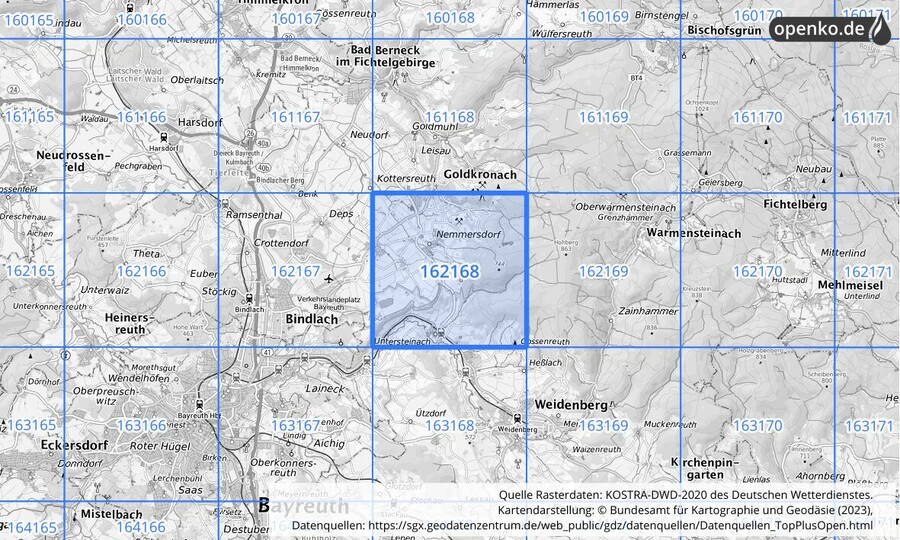 Übersichtskarte des KOSTRA-DWD-2020-Rasterfeldes Nr. 162168
