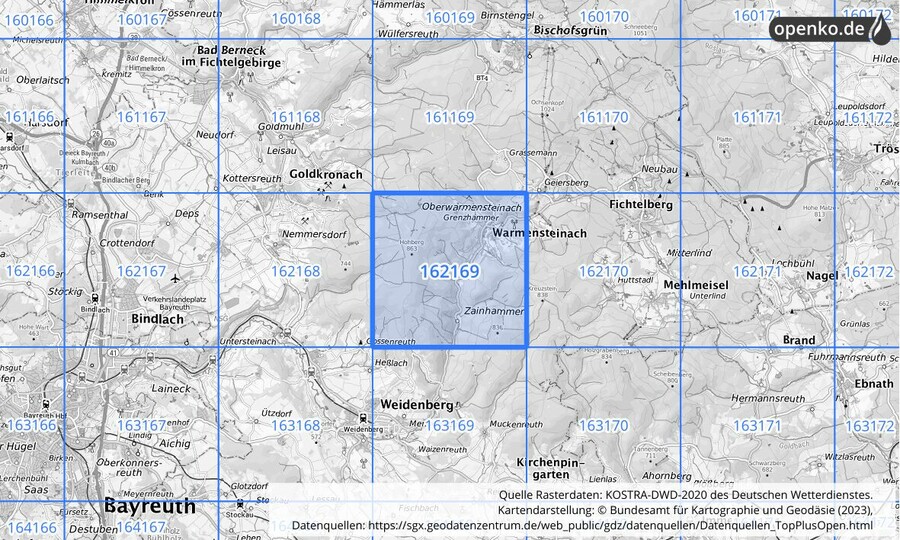 Übersichtskarte des KOSTRA-DWD-2020-Rasterfeldes Nr. 162169