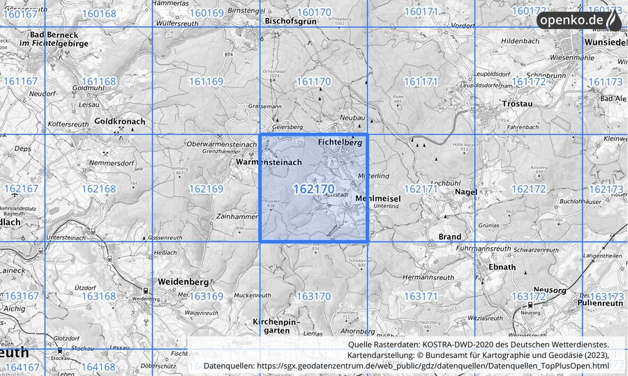 Übersichtskarte des KOSTRA-DWD-2020-Rasterfeldes Nr. 162170