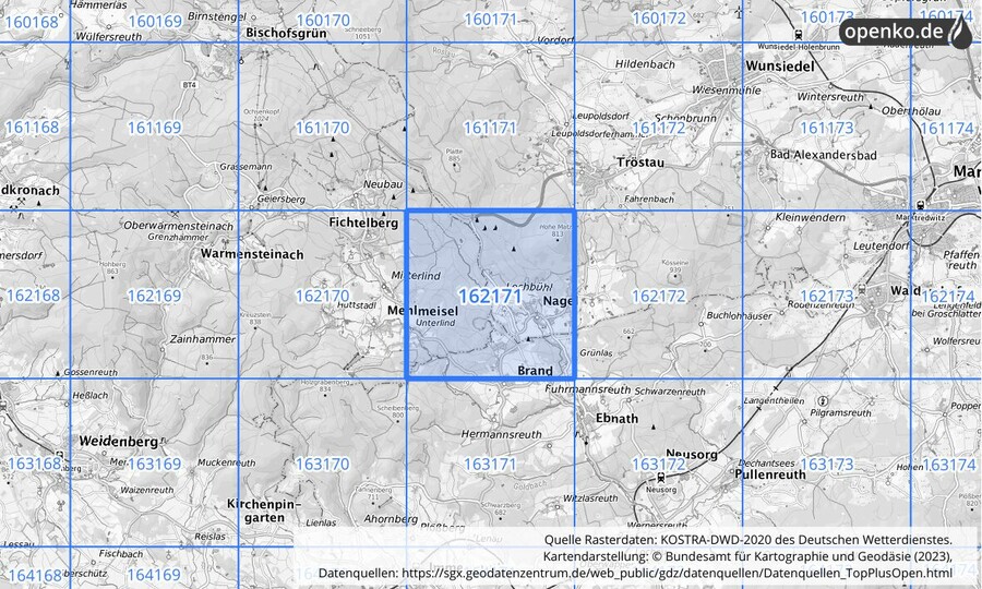 Übersichtskarte des KOSTRA-DWD-2020-Rasterfeldes Nr. 162171