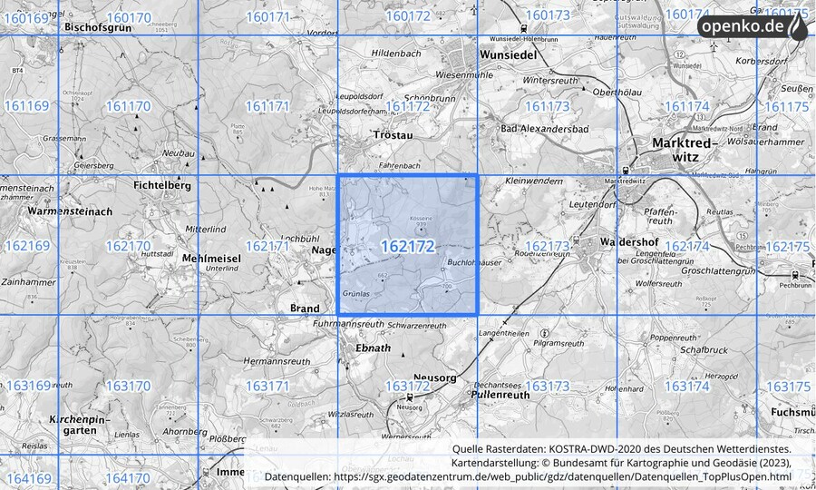 Übersichtskarte des KOSTRA-DWD-2020-Rasterfeldes Nr. 162172