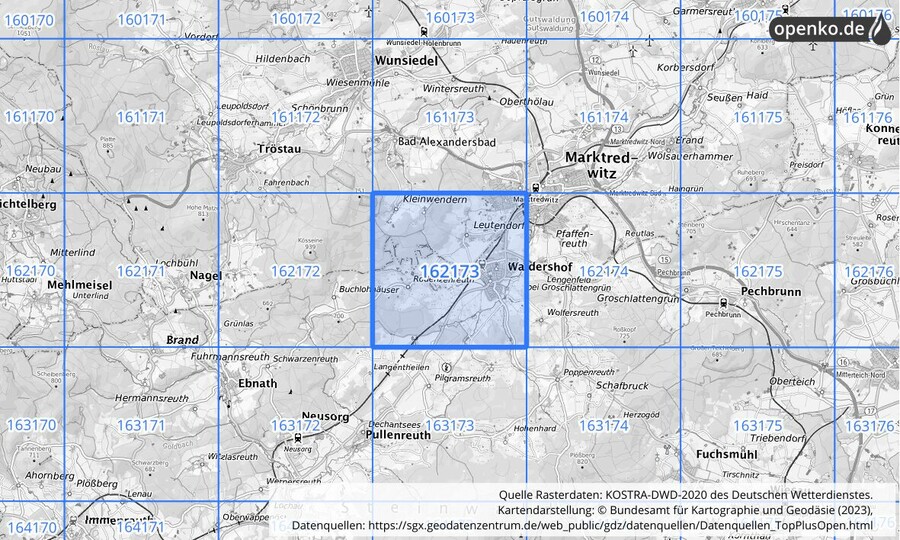 Übersichtskarte des KOSTRA-DWD-2020-Rasterfeldes Nr. 162173