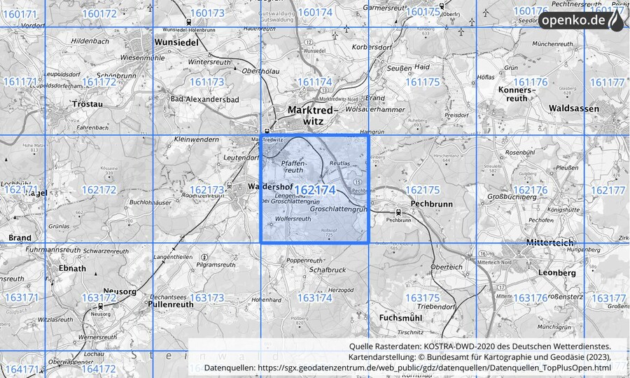 Übersichtskarte des KOSTRA-DWD-2020-Rasterfeldes Nr. 162174