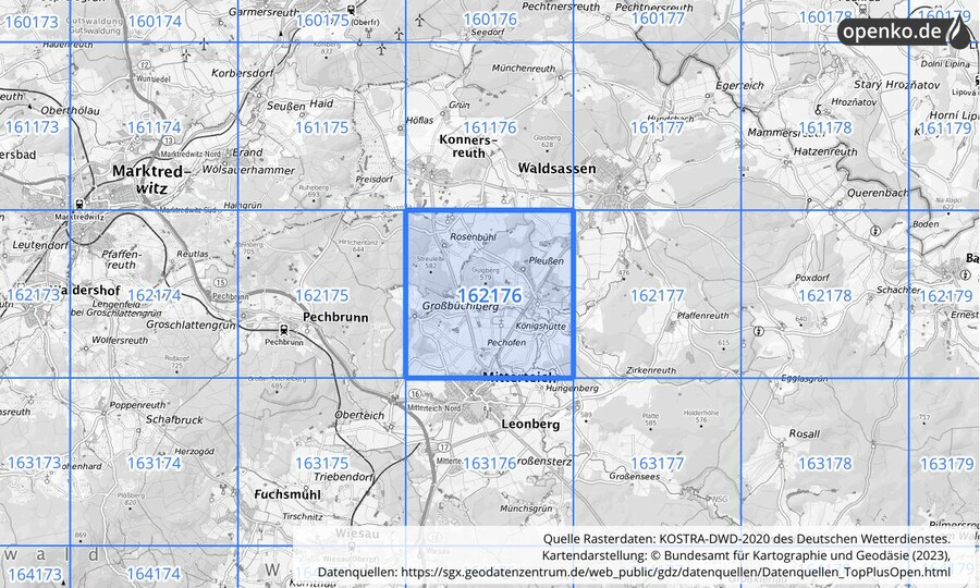 Übersichtskarte des KOSTRA-DWD-2020-Rasterfeldes Nr. 162176