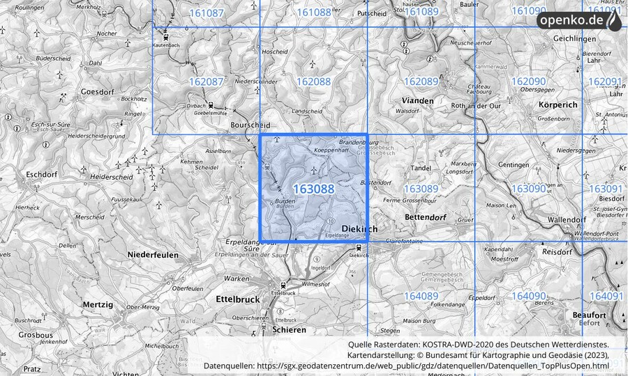 Übersichtskarte des KOSTRA-DWD-2020-Rasterfeldes Nr. 163088