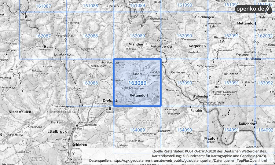 Übersichtskarte des KOSTRA-DWD-2020-Rasterfeldes Nr. 163089