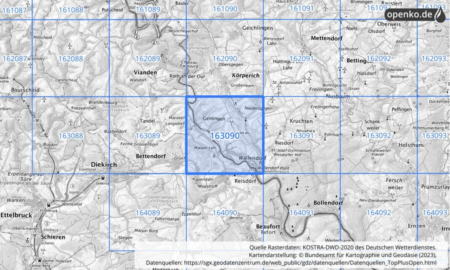 Übersichtskarte des KOSTRA-DWD-2020-Rasterfeldes Nr. 163090