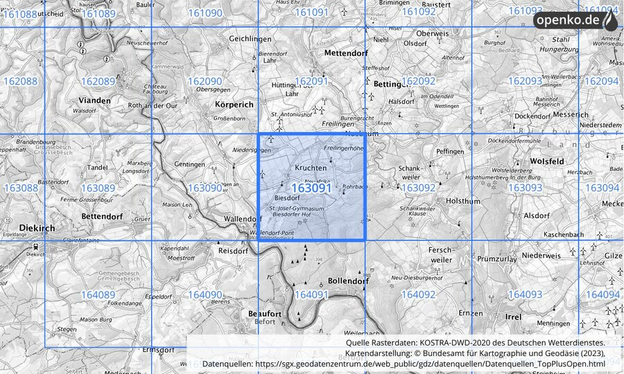 Übersichtskarte des KOSTRA-DWD-2020-Rasterfeldes Nr. 163091