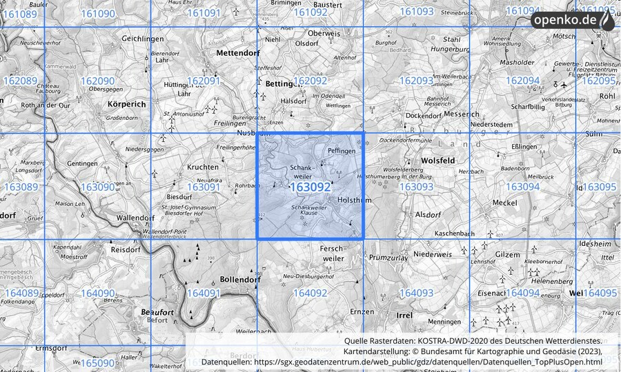 Übersichtskarte des KOSTRA-DWD-2020-Rasterfeldes Nr. 163092
