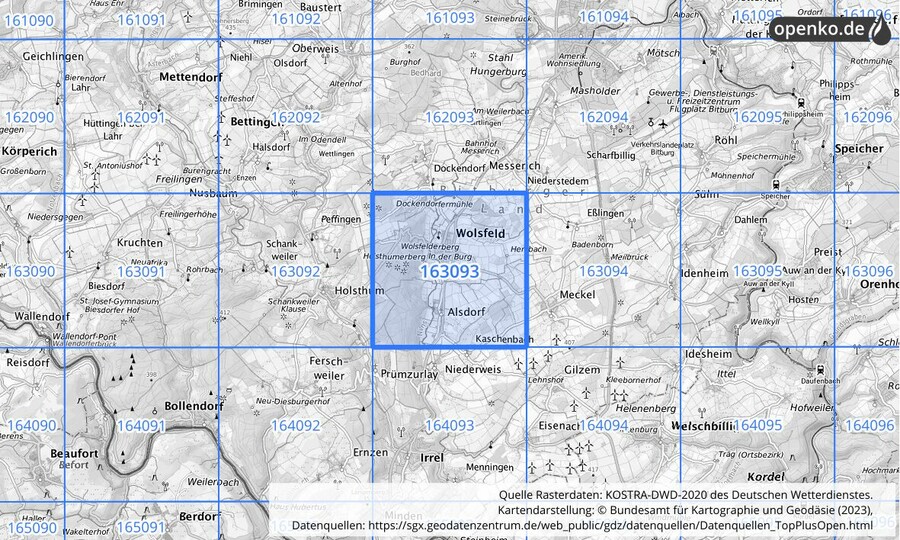 Übersichtskarte des KOSTRA-DWD-2020-Rasterfeldes Nr. 163093