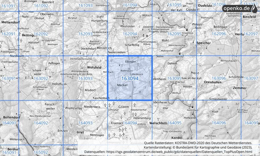 Übersichtskarte des KOSTRA-DWD-2020-Rasterfeldes Nr. 163094