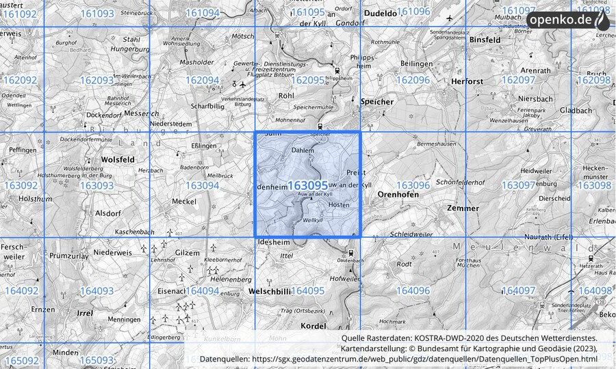 Übersichtskarte des KOSTRA-DWD-2020-Rasterfeldes Nr. 163095