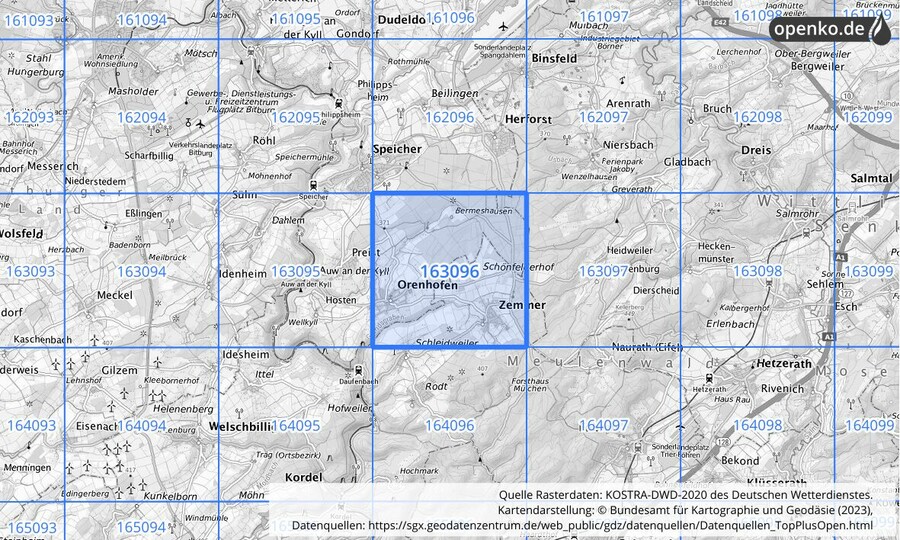 Übersichtskarte des KOSTRA-DWD-2020-Rasterfeldes Nr. 163096