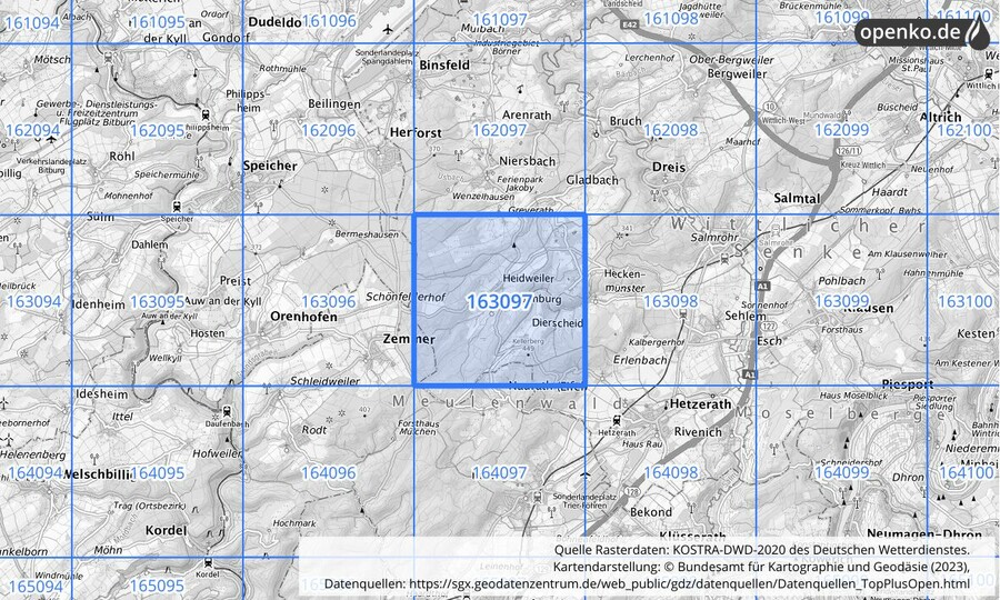 Übersichtskarte des KOSTRA-DWD-2020-Rasterfeldes Nr. 163097