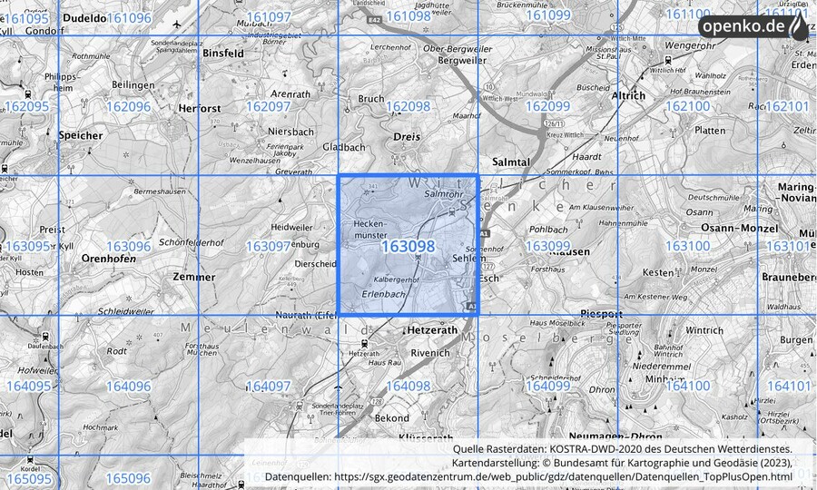 Übersichtskarte des KOSTRA-DWD-2020-Rasterfeldes Nr. 163098