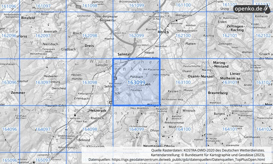 Übersichtskarte des KOSTRA-DWD-2020-Rasterfeldes Nr. 163099