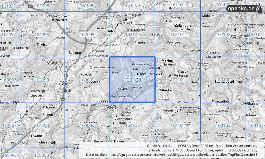 Übersichtskarte des KOSTRA-DWD-2020-Rasterfeldes Nr. 163100