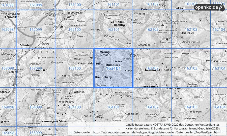 Übersichtskarte des KOSTRA-DWD-2020-Rasterfeldes Nr. 163101