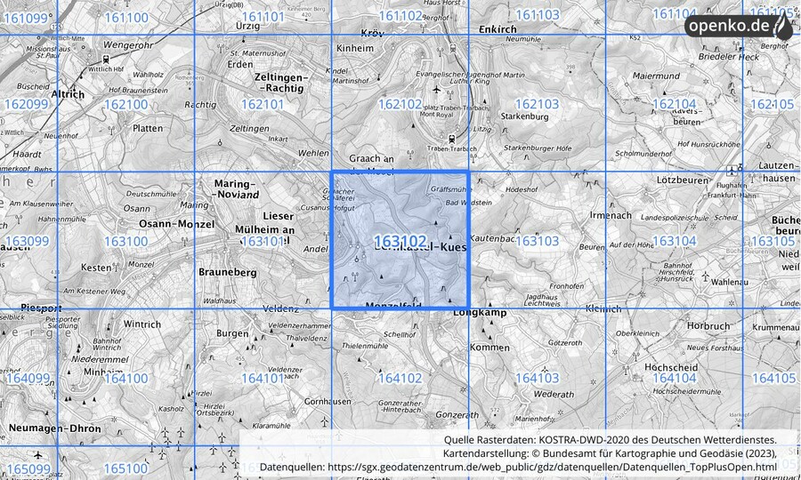 Übersichtskarte des KOSTRA-DWD-2020-Rasterfeldes Nr. 163102