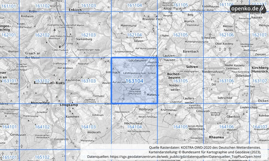 Übersichtskarte des KOSTRA-DWD-2020-Rasterfeldes Nr. 163104