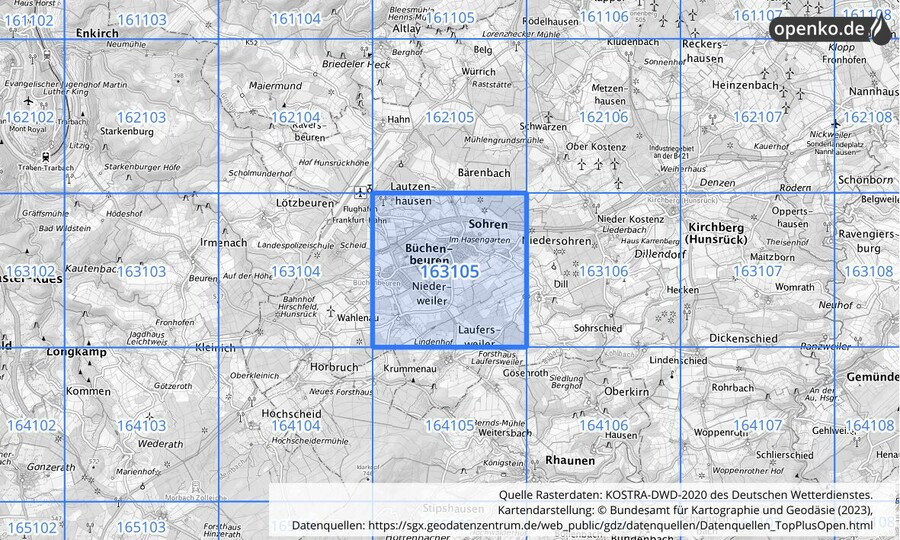 Übersichtskarte des KOSTRA-DWD-2020-Rasterfeldes Nr. 163105