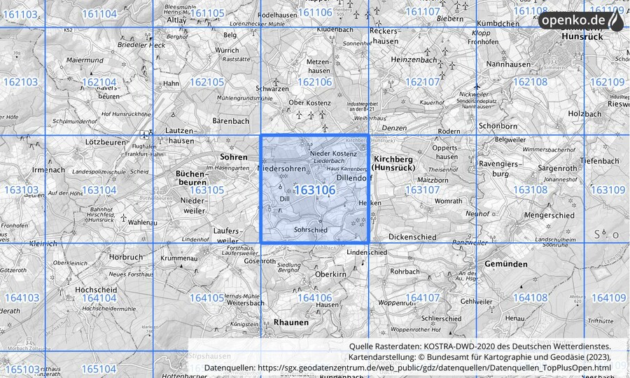 Übersichtskarte des KOSTRA-DWD-2020-Rasterfeldes Nr. 163106