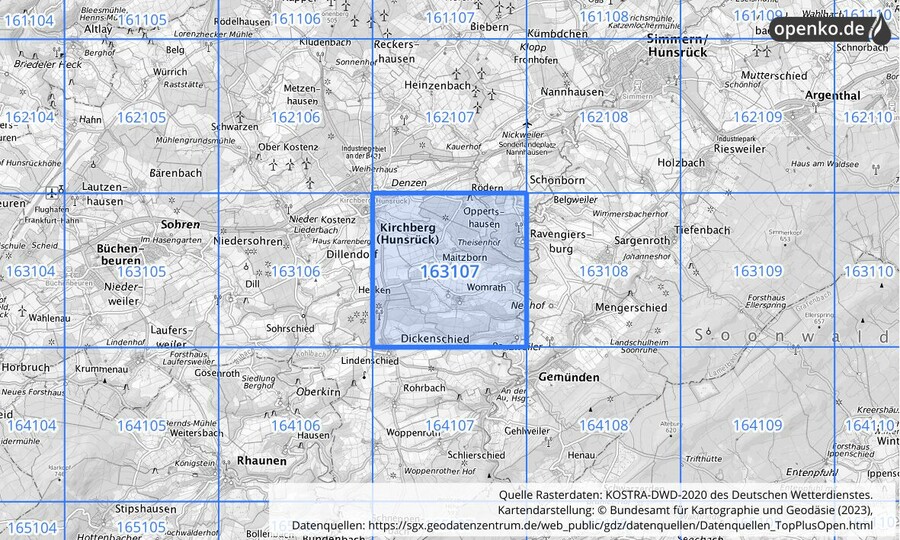 Übersichtskarte des KOSTRA-DWD-2020-Rasterfeldes Nr. 163107