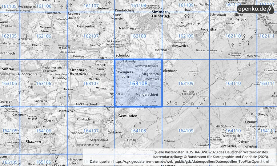 Übersichtskarte des KOSTRA-DWD-2020-Rasterfeldes Nr. 163108