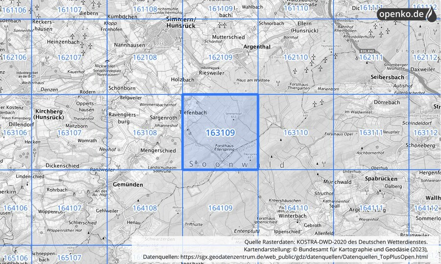 Übersichtskarte des KOSTRA-DWD-2020-Rasterfeldes Nr. 163109