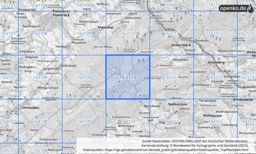 Übersichtskarte des KOSTRA-DWD-2020-Rasterfeldes Nr. 163110