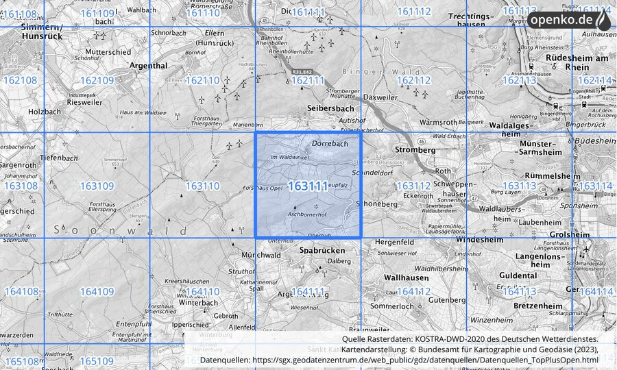 Übersichtskarte des KOSTRA-DWD-2020-Rasterfeldes Nr. 163111