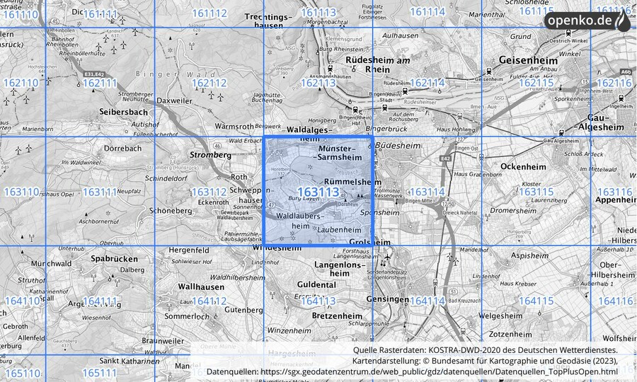 Übersichtskarte des KOSTRA-DWD-2020-Rasterfeldes Nr. 163113