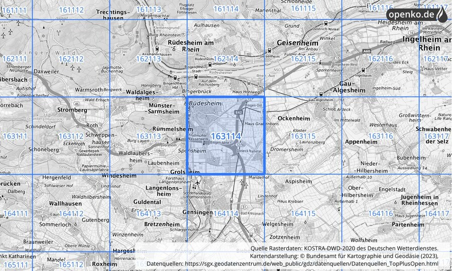 Übersichtskarte des KOSTRA-DWD-2020-Rasterfeldes Nr. 163114
