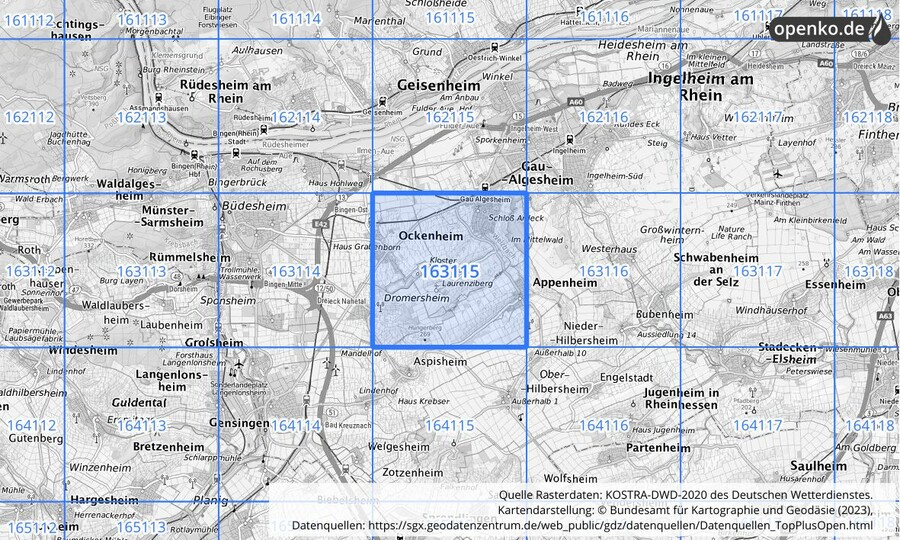 Übersichtskarte des KOSTRA-DWD-2020-Rasterfeldes Nr. 163115