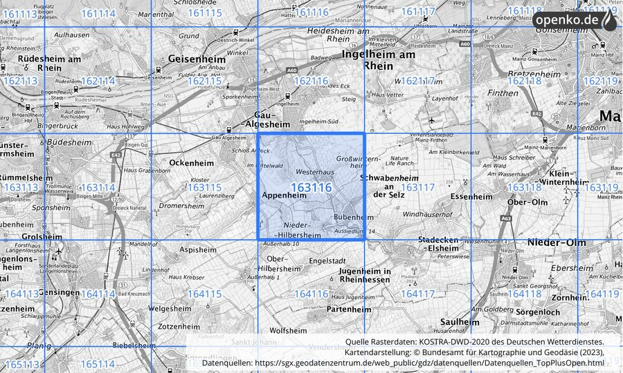 Übersichtskarte des KOSTRA-DWD-2020-Rasterfeldes Nr. 163116