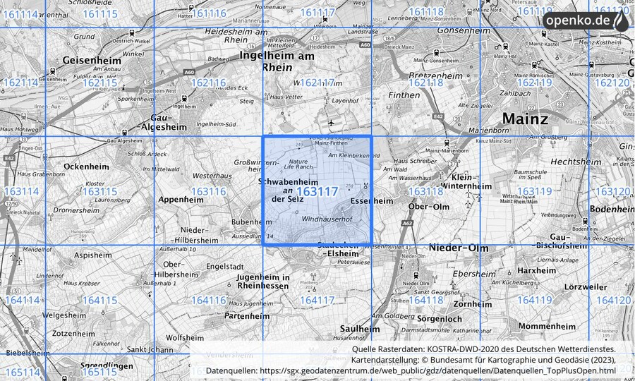 Übersichtskarte des KOSTRA-DWD-2020-Rasterfeldes Nr. 163117