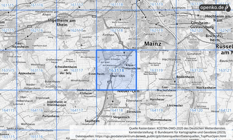 Übersichtskarte des KOSTRA-DWD-2020-Rasterfeldes Nr. 163118