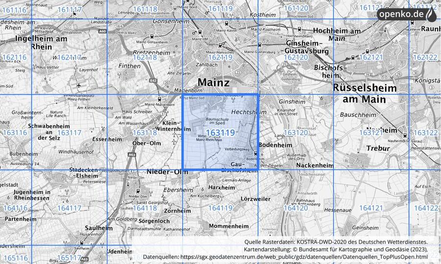 Übersichtskarte des KOSTRA-DWD-2020-Rasterfeldes Nr. 163119