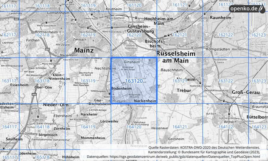 Übersichtskarte des KOSTRA-DWD-2020-Rasterfeldes Nr. 163120