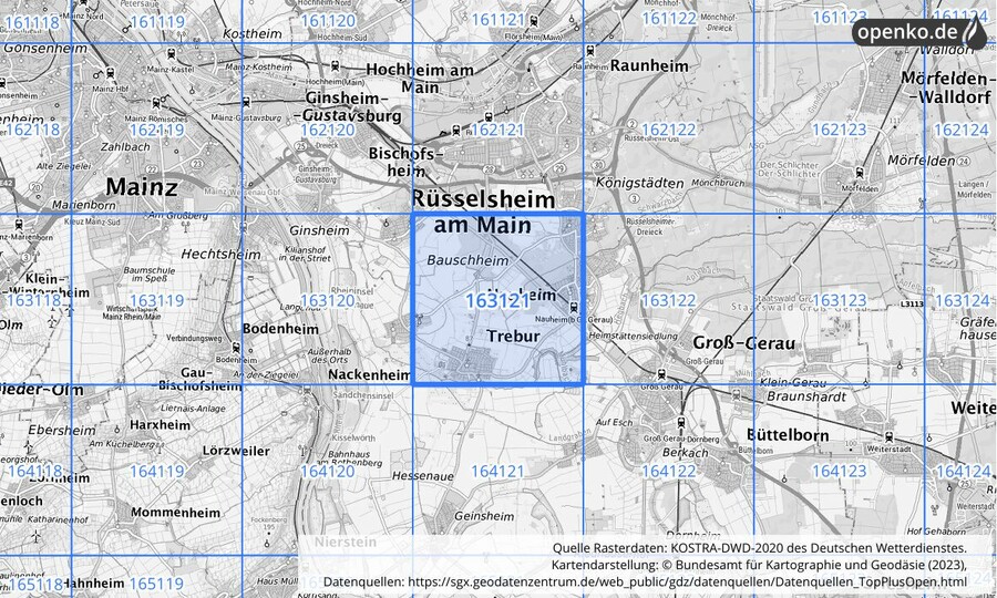 Übersichtskarte des KOSTRA-DWD-2020-Rasterfeldes Nr. 163121