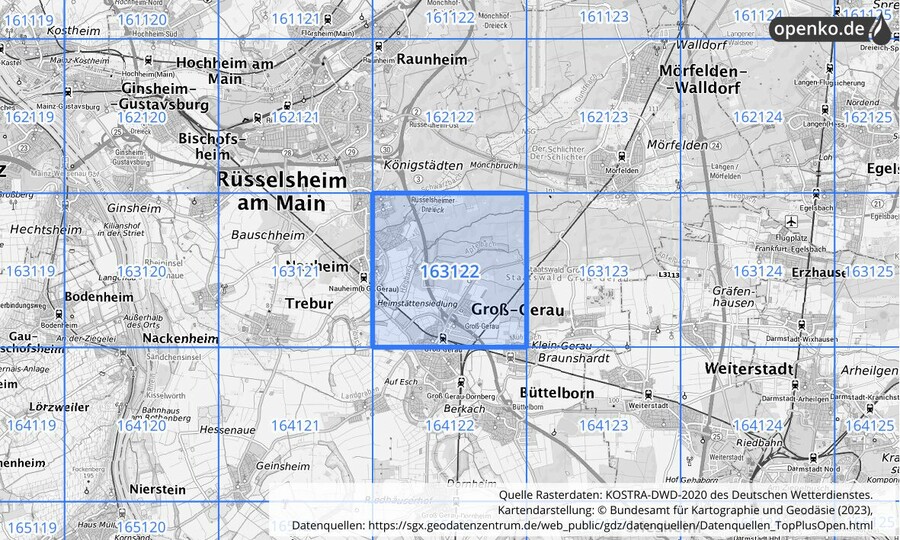 Übersichtskarte des KOSTRA-DWD-2020-Rasterfeldes Nr. 163122