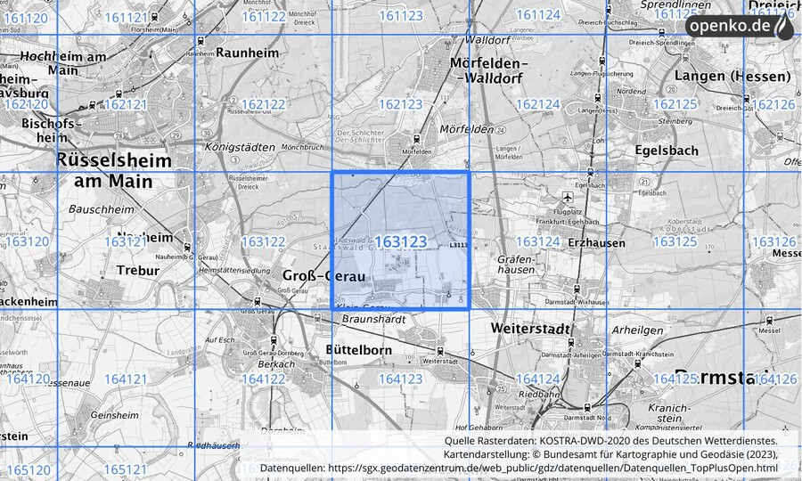 Übersichtskarte des KOSTRA-DWD-2020-Rasterfeldes Nr. 163123