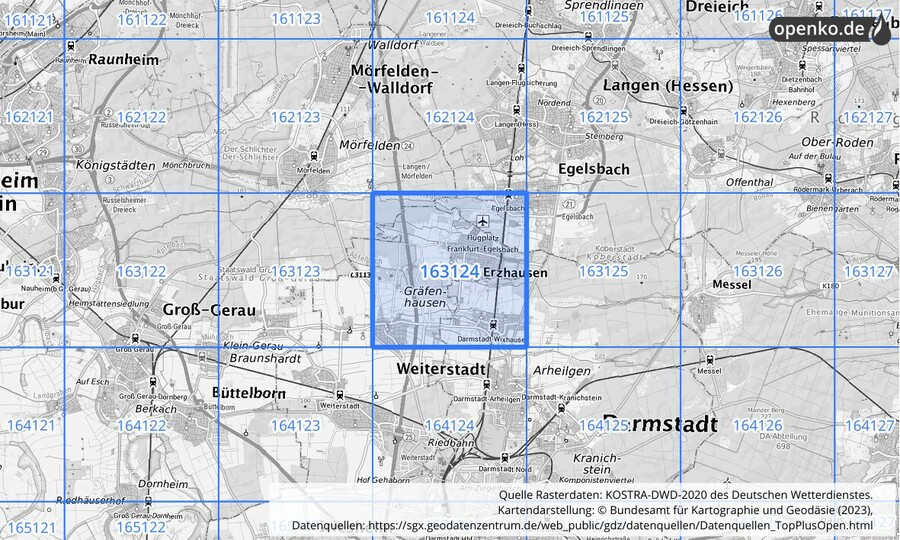 Übersichtskarte des KOSTRA-DWD-2020-Rasterfeldes Nr. 163124