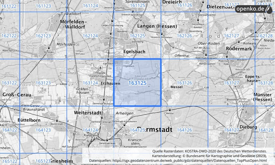 Übersichtskarte des KOSTRA-DWD-2020-Rasterfeldes Nr. 163125