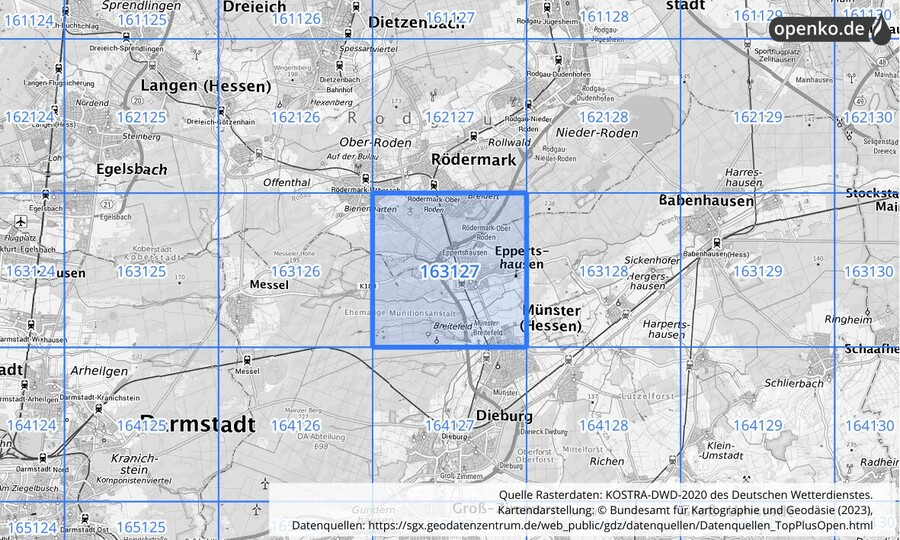 Übersichtskarte des KOSTRA-DWD-2020-Rasterfeldes Nr. 163127