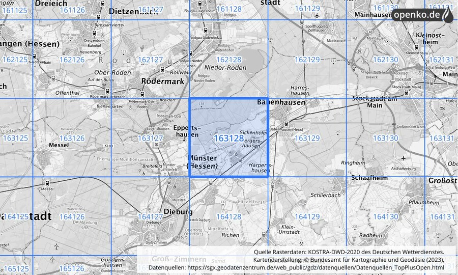 Übersichtskarte des KOSTRA-DWD-2020-Rasterfeldes Nr. 163128