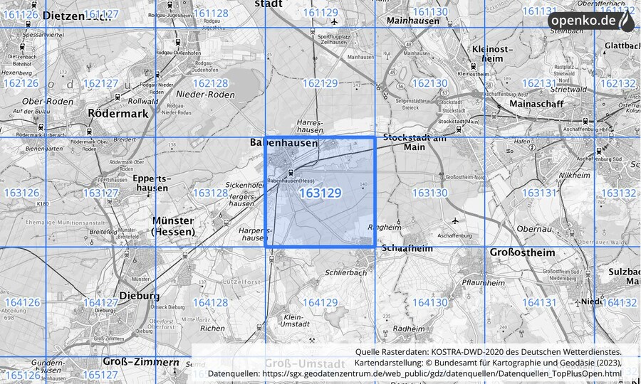 Übersichtskarte des KOSTRA-DWD-2020-Rasterfeldes Nr. 163129
