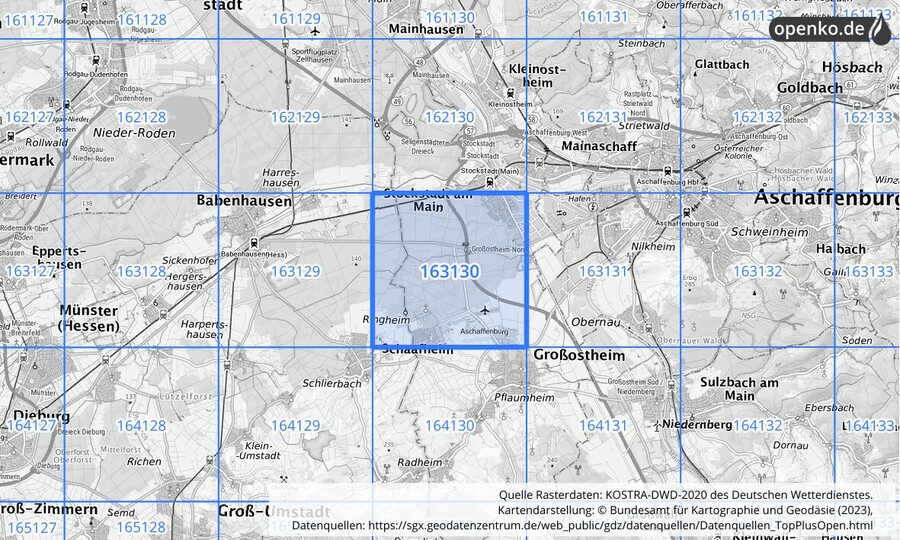 Übersichtskarte des KOSTRA-DWD-2020-Rasterfeldes Nr. 163130