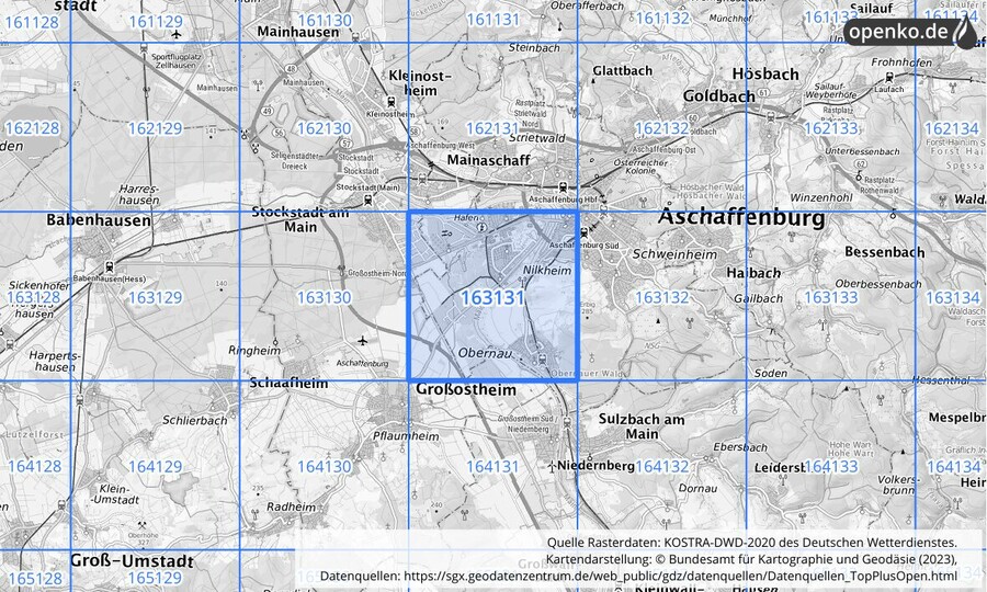 Übersichtskarte des KOSTRA-DWD-2020-Rasterfeldes Nr. 163131