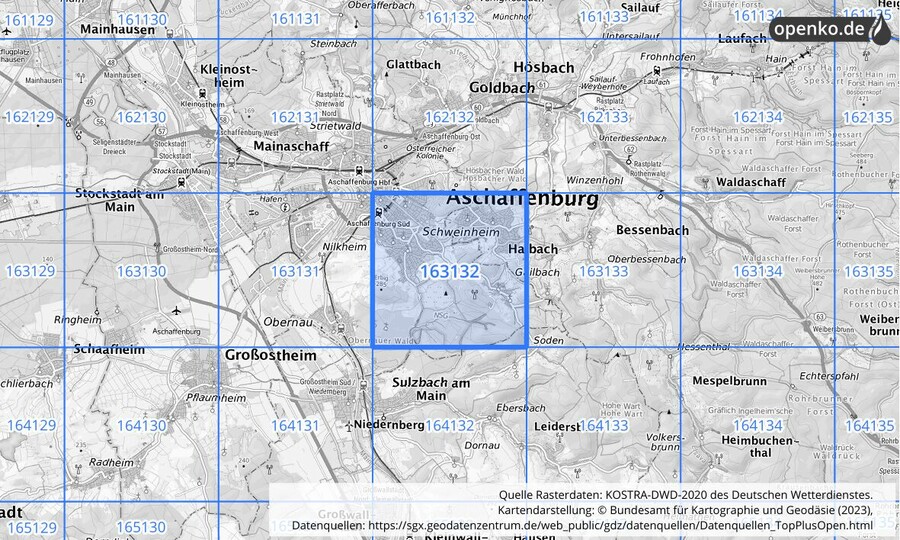 Übersichtskarte des KOSTRA-DWD-2020-Rasterfeldes Nr. 163132